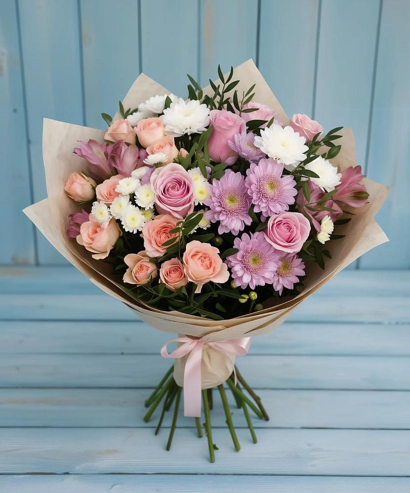 Букет цветов из: Хризантемы, Розы и Альстромерии в Кировске Мурманской области