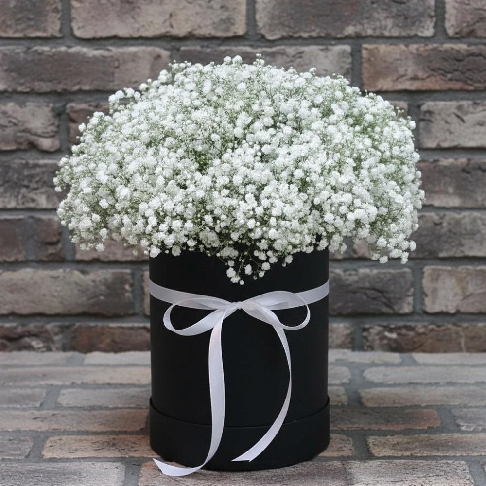 Цветочная композиция из Гипсофила в шляпной коробке в Кировске Мурманской области