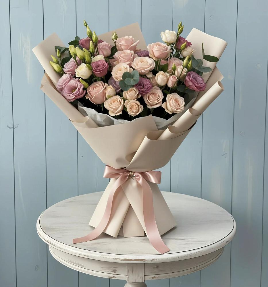 Букет цветов из: Розы и Лизиантусы в Кировске Мурманской области