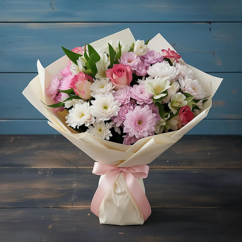 Букет цветов из: Хризантемы, Альстромерии и Розы в Кировске Мурманской области